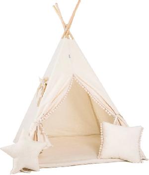 Bekijk leuke cadeautip : TIPI tent Beige met pompons, 2 kussens en speelmatras